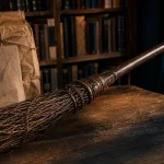 Balai harry potter sur table bois, style vintage et accessoires DIY