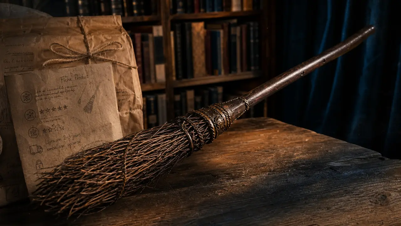 Balai harry potter sur table bois, style vintage et accessoires DIY