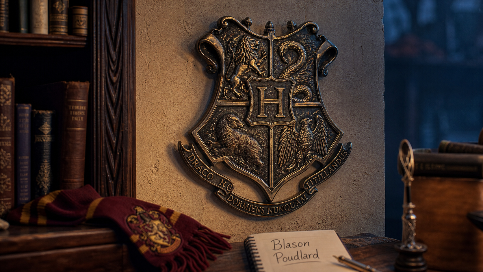 Blason harry potter mural Poudlard : écusson métallisé sur mur beige