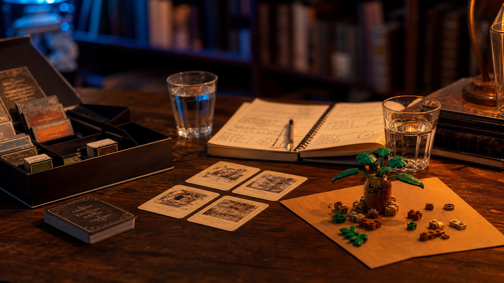 Cadeau harry potter : jeu de cartes et LEGO Mandragore sur table