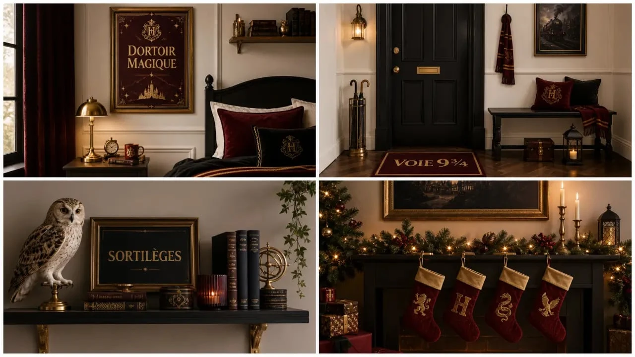 Décoration Harry Potter en mise en scène avec chambre, entrée, étagère et Noël