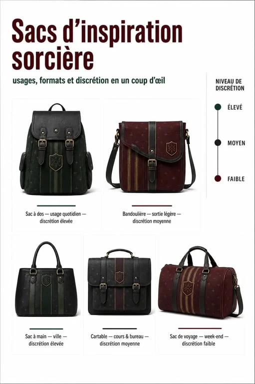 Comparatif visuel des types de sac harry potter pour cours, quotidien et voyage