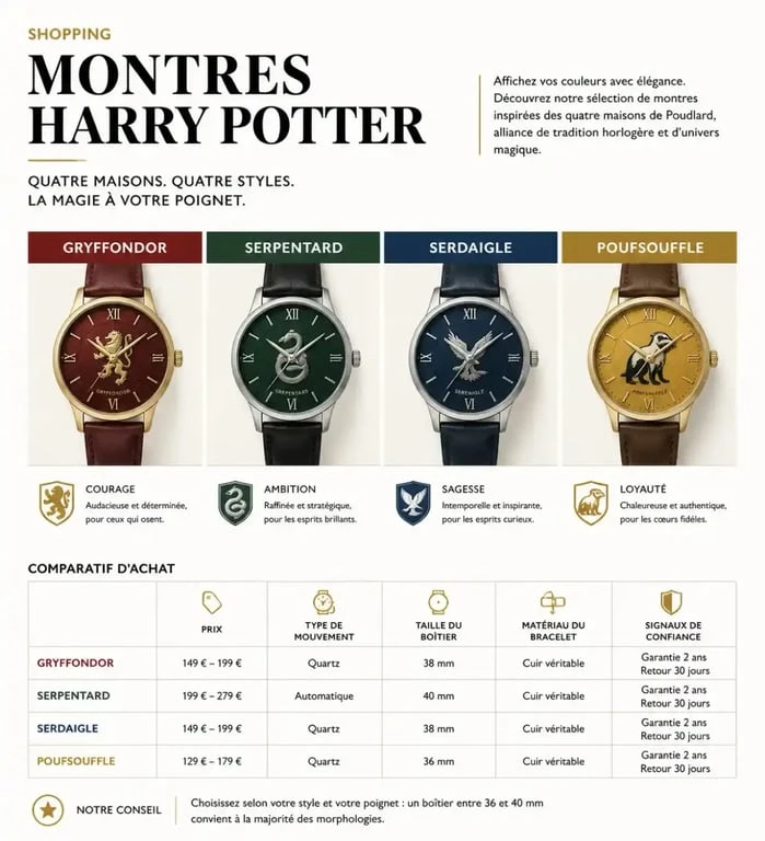 Montre Harry Potter : comparatif éditorial des maisons, prix et critères de choix