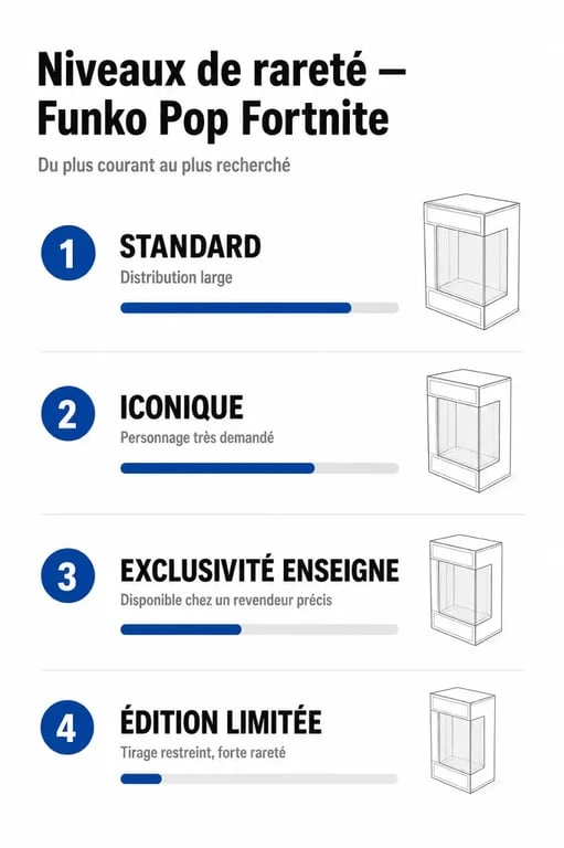 Infographie des niveaux de rareté des figurines Funko Pop Fortnite pour collectionneurs