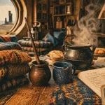 Famille Weasley au Terrier : chaudron fumant, baguette, tasses et parchemins