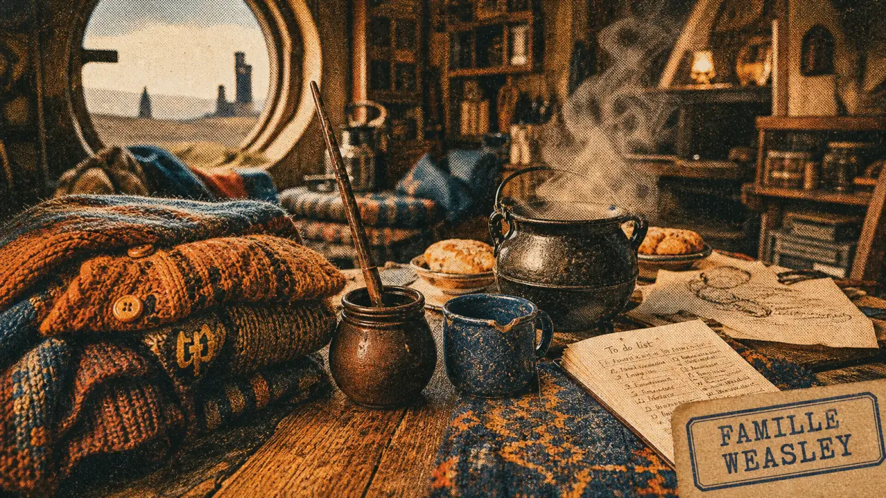 Famille Weasley au Terrier : chaudron fumant, baguette, tasses et parchemins