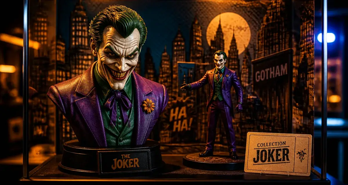 Figurine the joker en vitrine de collection, décor Gotham