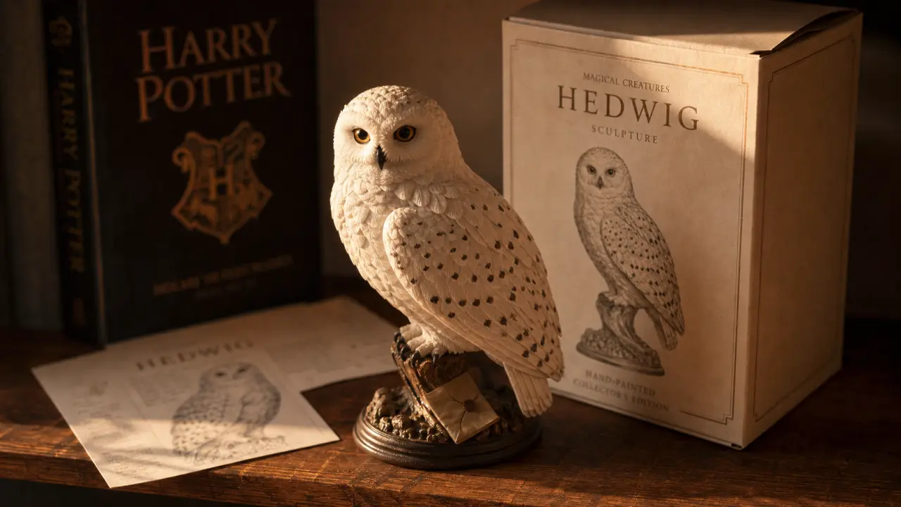 Sculpture Hedwige Harry Potter en résine, détail plume blanc