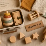 Malette montessori 1 an ouverte sur tapis : boîtes, anneaux et formes à encastrer