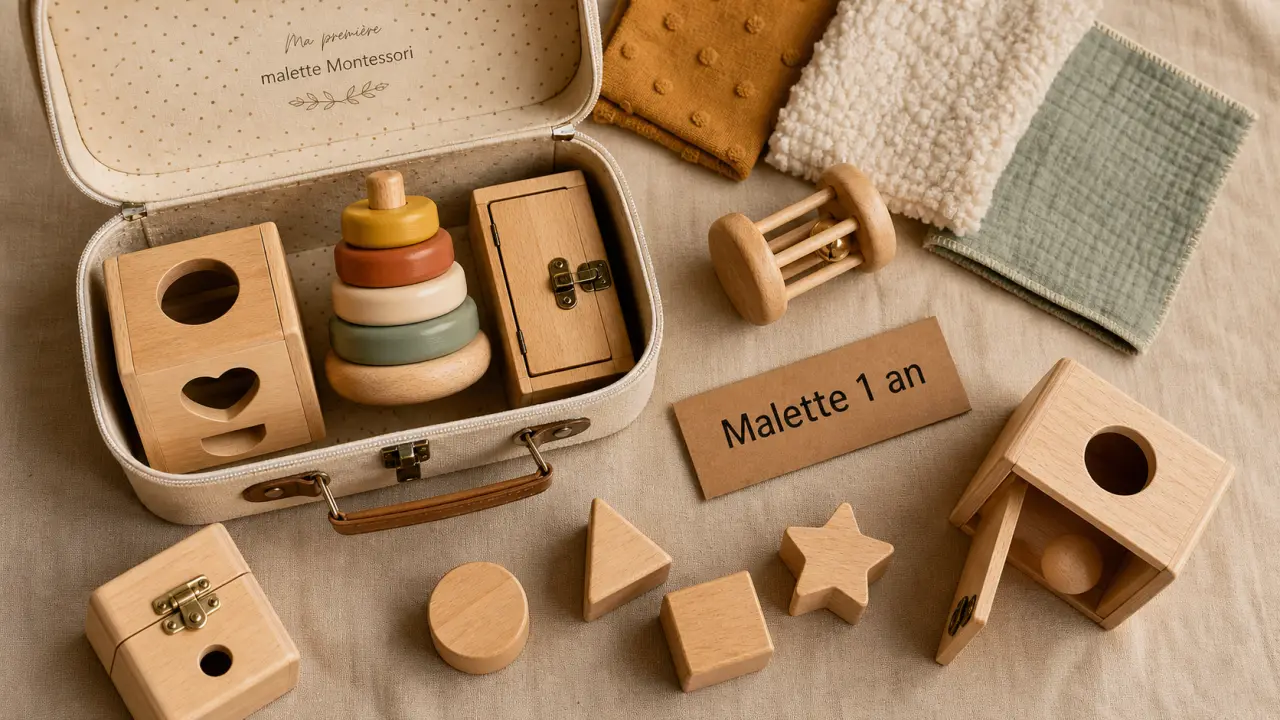 Malette montessori 1 an ouverte sur tapis : boîtes, anneaux et formes à encastrer