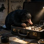Niffleur fouillant des bijoux brillants dans une valise ouverte