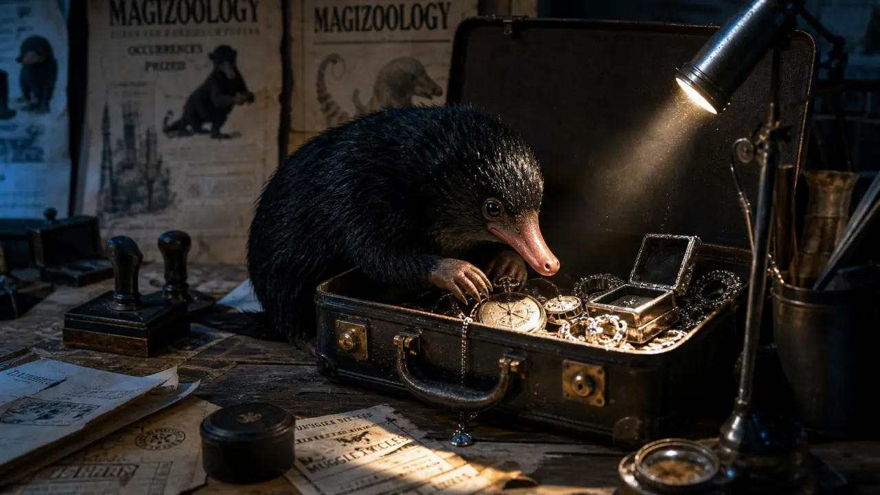 Niffleur fouillant des bijoux brillants dans une valise ouverte