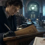 Percy Weasley au Ministère, dossier et plume, ambiance officielle