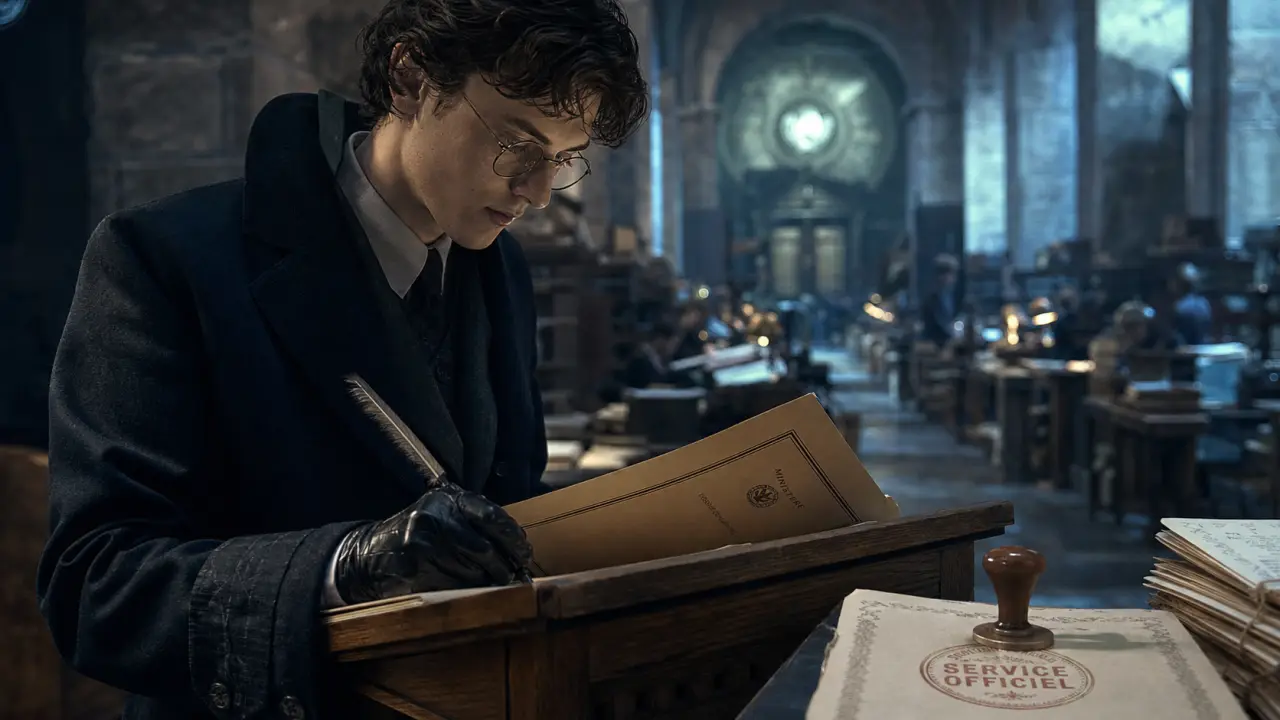 Percy Weasley au Ministère, dossier et plume, ambiance officielle