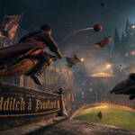Quidditch harry potter à Poudlard, joueurs sur balai au stade
