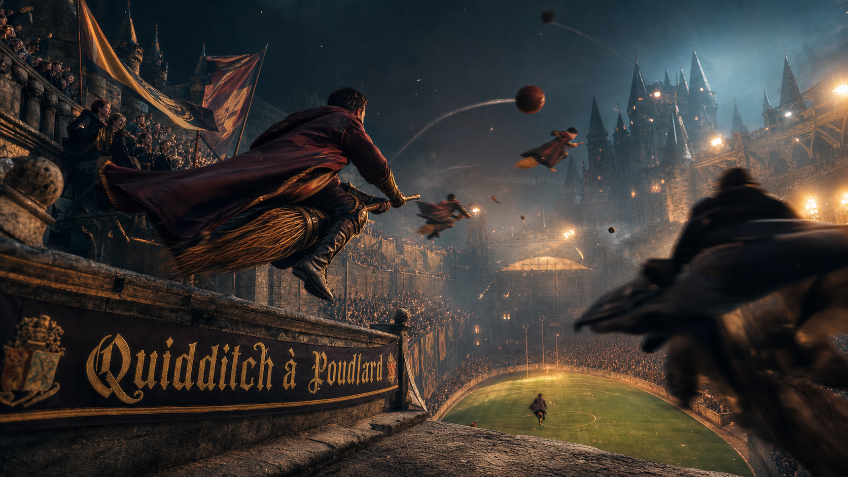 Quidditch harry potter à Poudlard, joueurs sur balai au stade