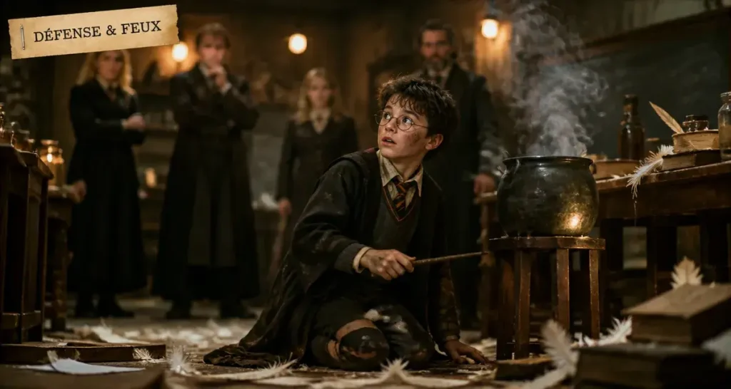 seamus finnigan à poudlard, chaudron fumant, plumes et baguette
