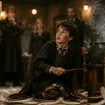 seamus finnigan à poudlard, chaudron fumant, plumes et baguette