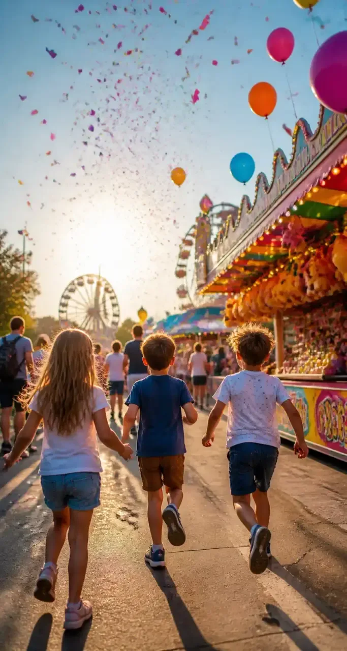 Famille en sortie dans un parc d'attractions avec jeux pour enfants