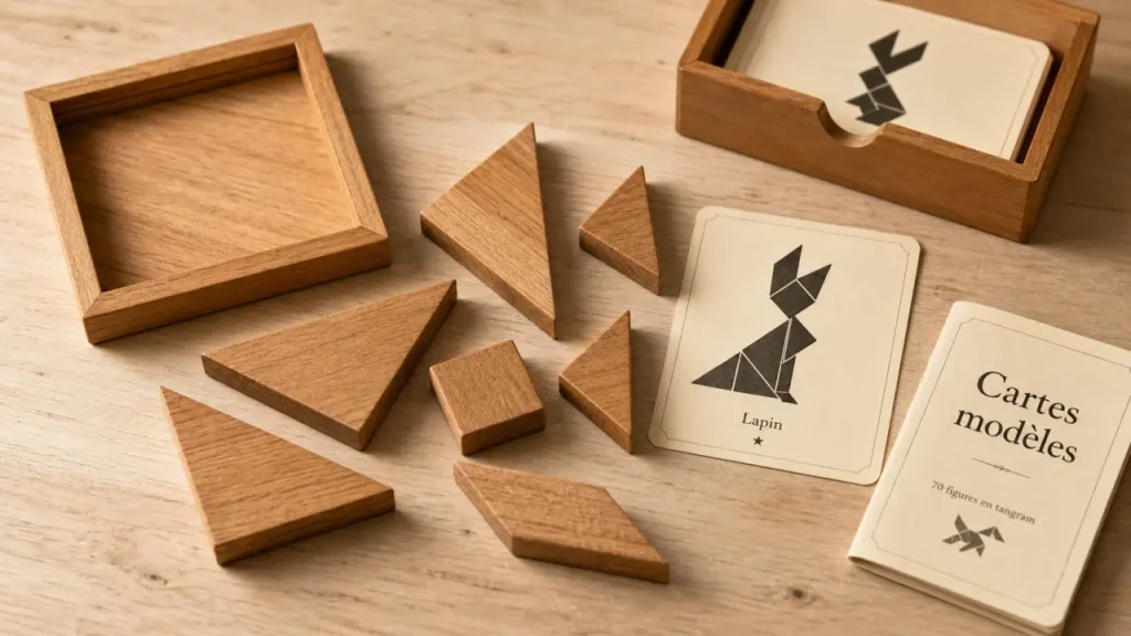 Tangram en bois : 7 pièces, cartes modèles et critères pour bien choisir