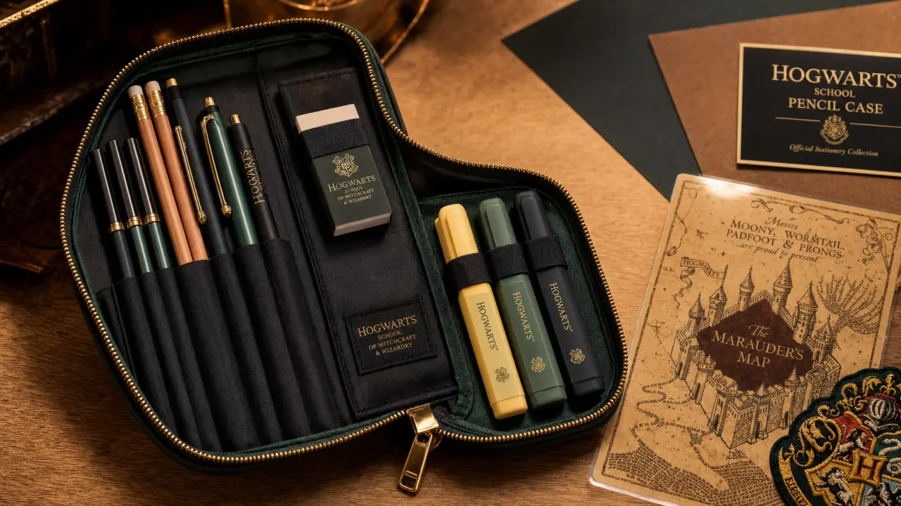 Trousse harry potter officielle ouverte sur table, intérieur visible
