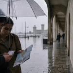 Activités La Rochelle quand il pleut : couple sous parapluie au Vieux-Port