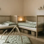 Aménagement petite chambre jumeaux : deux lits et rangements
