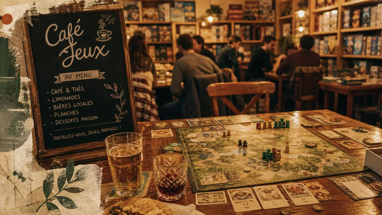 Café jeux : table avec jeu de société, cartes et pions, ambiance chaleureuse