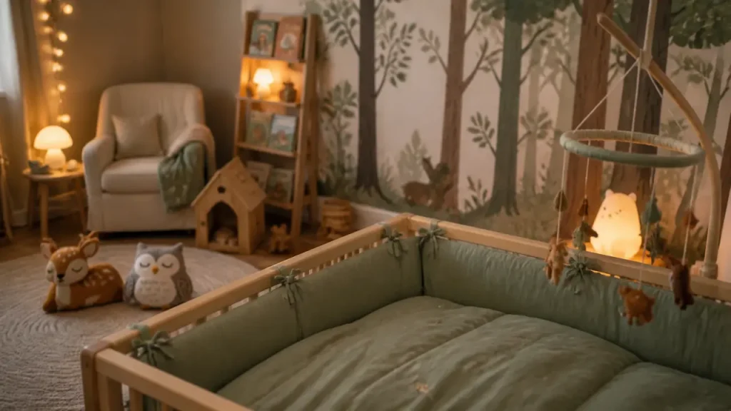 Chambre thème forêt : couleurs douces, bois clair et décoration mixte sans surcharge