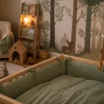 Chambre theme foret : bois clair, vert sauge et décoration douce