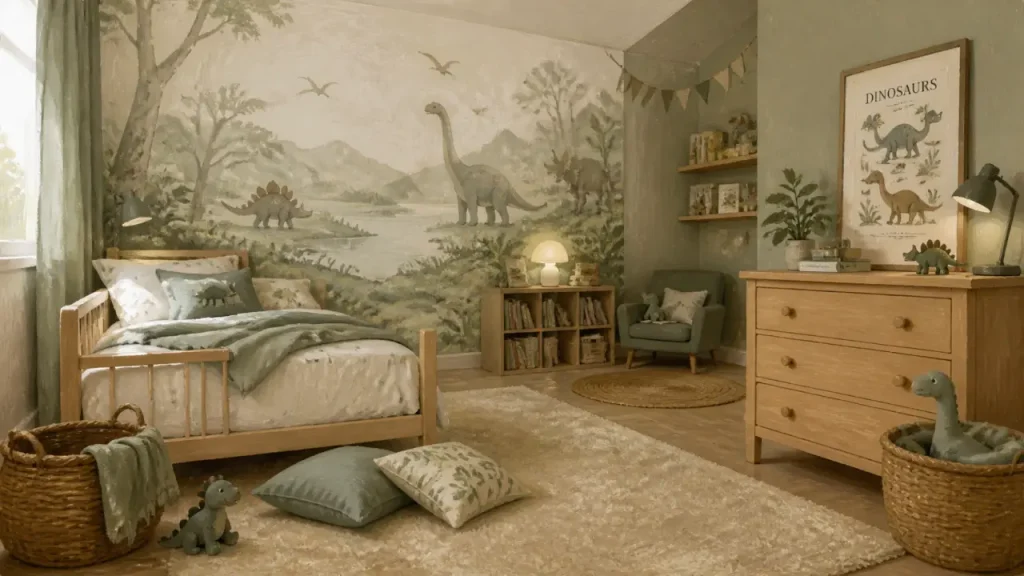 Déco chambre dinosaure : couleurs naturelles, mur focal et accessoires qui font la différence
