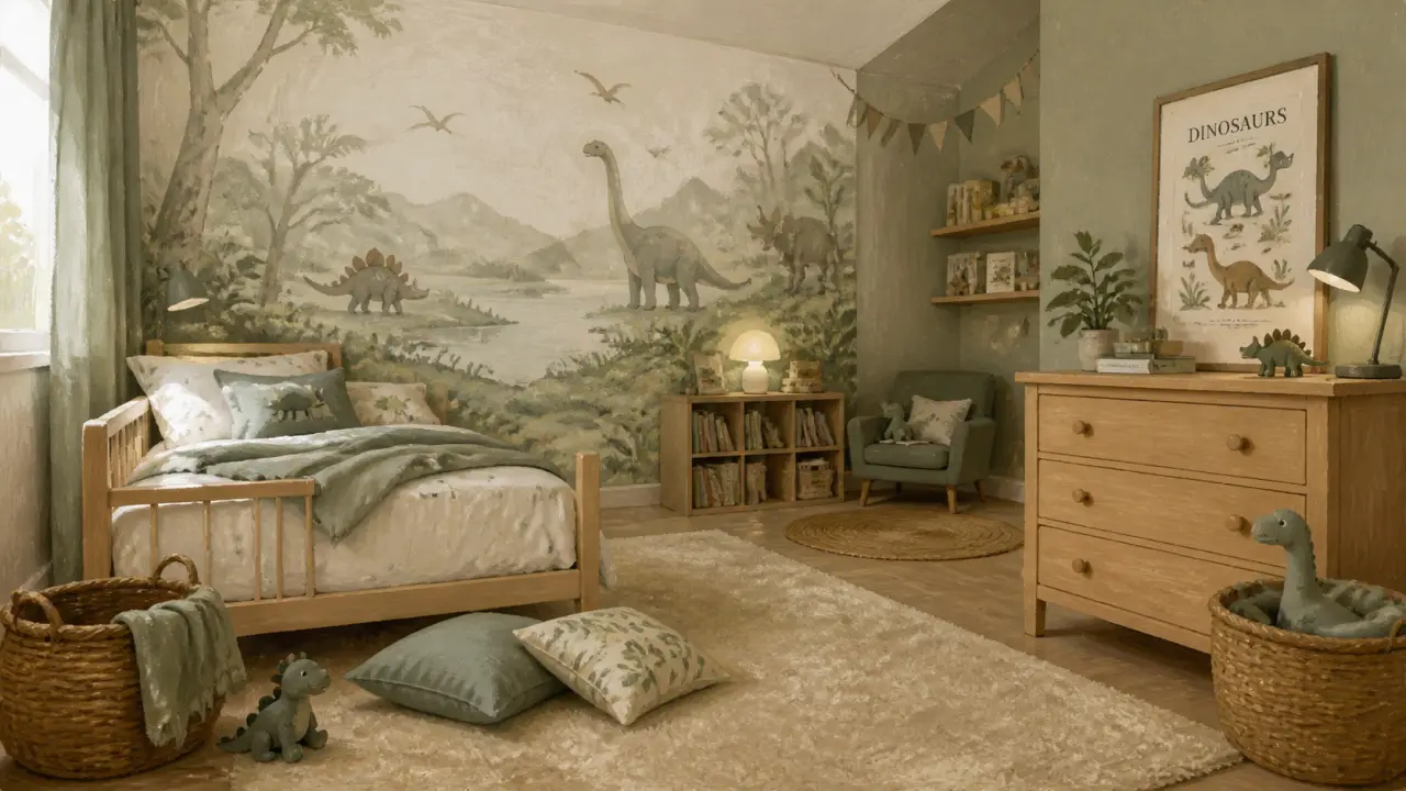 Déco chambre dinosaure avec mur focal en papier peint dinosaures et couleurs naturelles