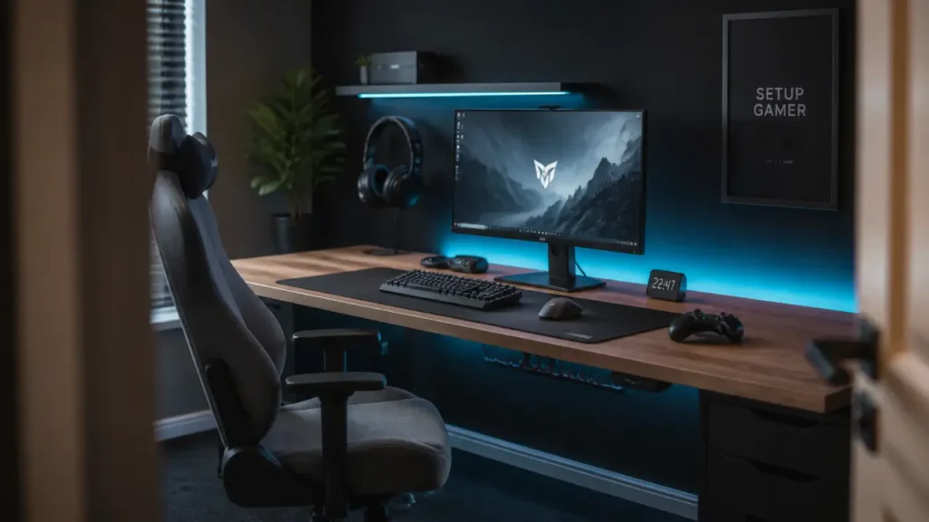 Décoration chambre gamer : LED indirectes, bureau de 120 cm et câbles masqués