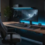 Décoration chambre gamer : bureau 120 cm, LED indirectes et câbles masqués