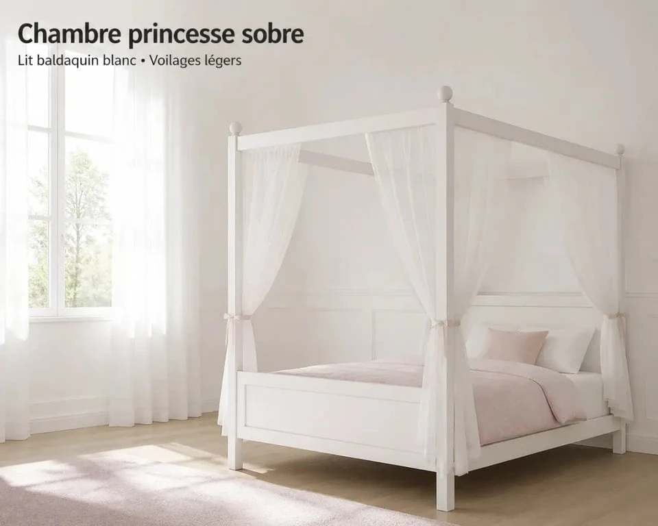 Lit baldaquin fillette dans une chambre blanche et rose poudré, ambiance princesse sobre