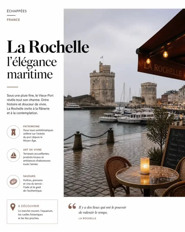Activités à La Rochelle quand il pleut : vue du Vieux-Port et des tours sous une pluie légère.