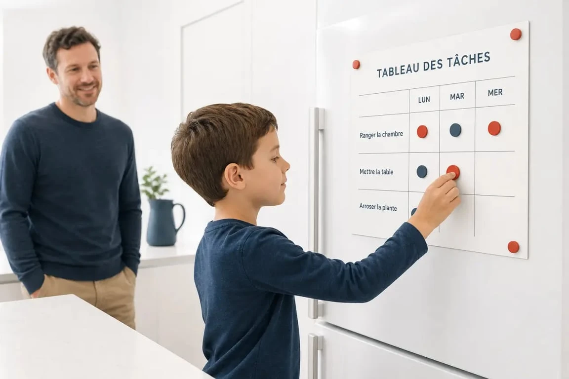 Tableau de tache enfant utilisé dans une cuisine familiale, avec un enfant qui place un aimant sur une routine du matin