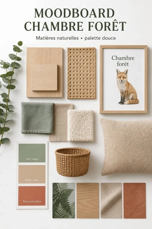 Chambre theme foret : moodboard de couleurs, matières et accessoires naturels