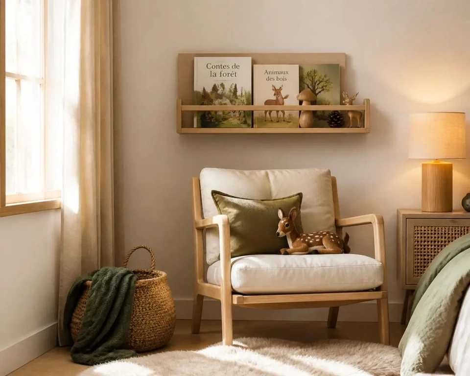 Chambre theme foret avec coin lecture chaleureux et lumière tamisée