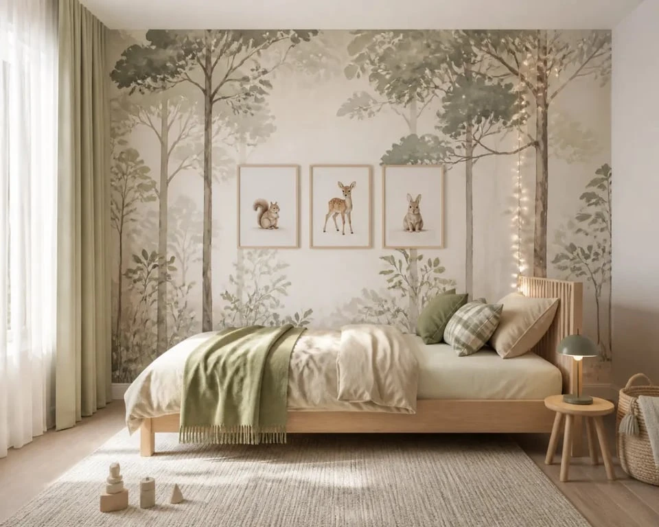 Chambre theme foret avec mur principal décoré de forêt et ambiance cocon