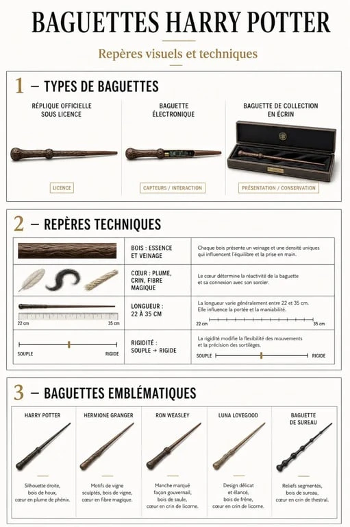 Infographie sur la baguette harry potter : comparaison des types, critères techniques et modèles de personnages