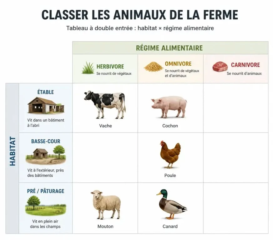 Tableau à double entrée pour les animaux de la ferme en maternelle