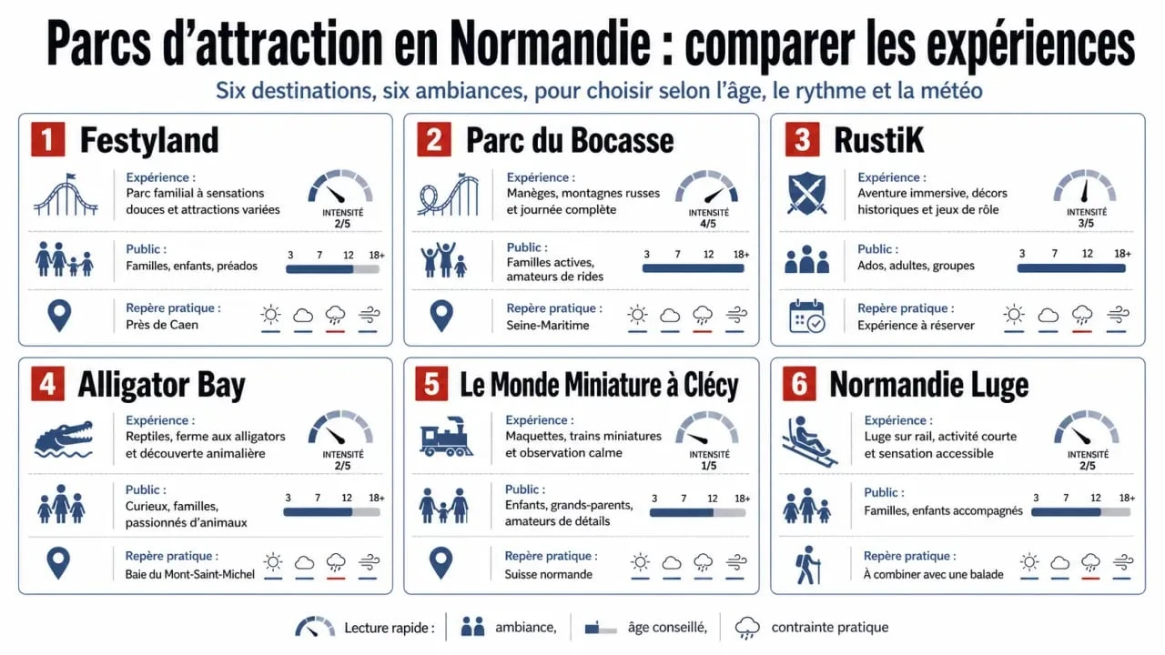 Comparatif des parcs d'attraction normandie avec Festyland, Parc du Bocasse, RustiK, Alligator Bay, Le monde Miniature à Clécy et Normandie Luge