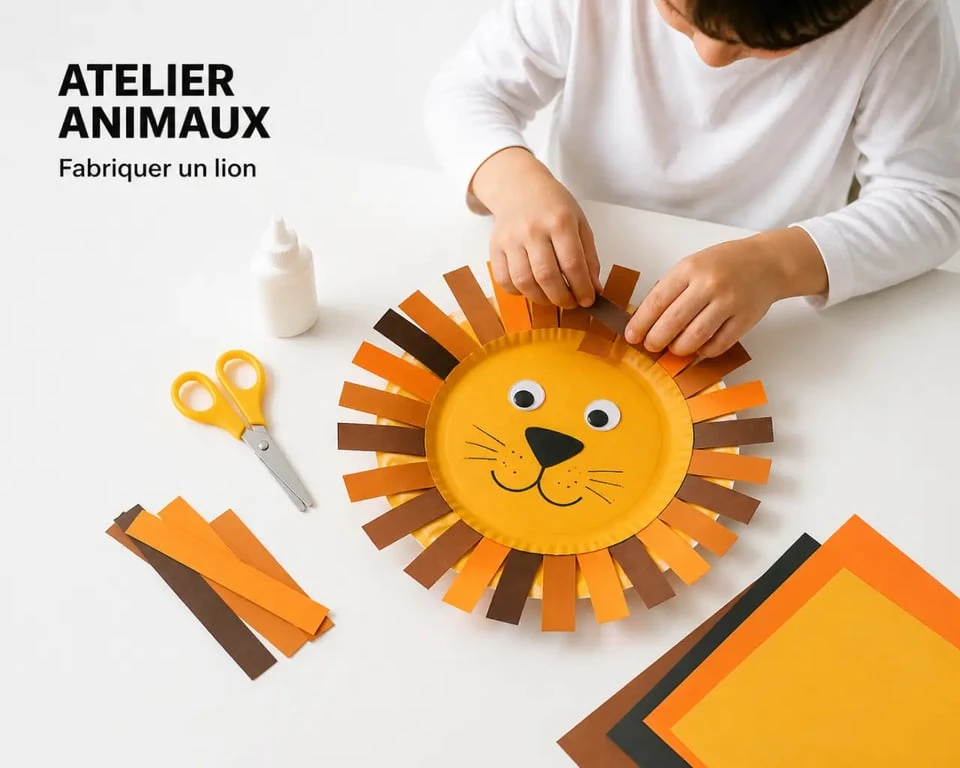 Activité manuelle animaux : enfant fabriquant un lion en assiette en carton avec du papier coloré