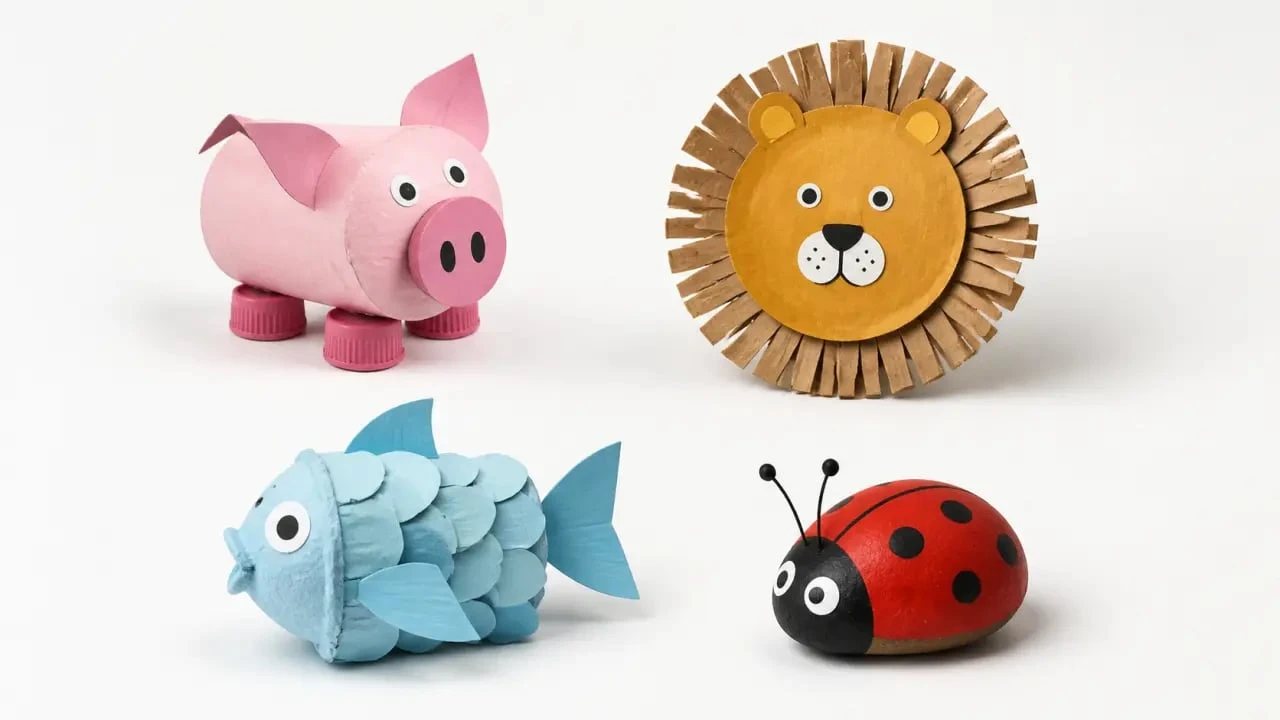 Activité manuelle animaux : مجموعة d’animaux en papier, coton et matériaux recyclés pour la maison ou la classe