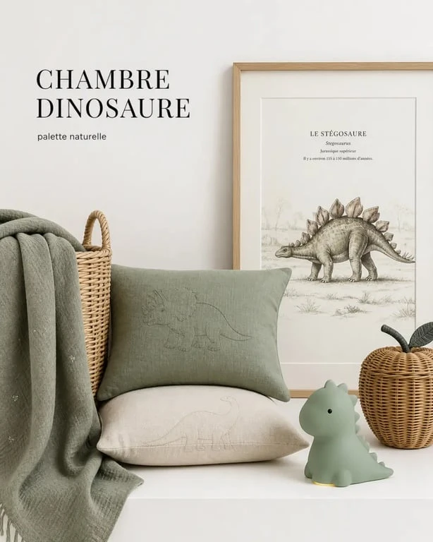 Déco chambre dinosaure avec accessoires harmonieux, veilleuse, panier et textile naturel