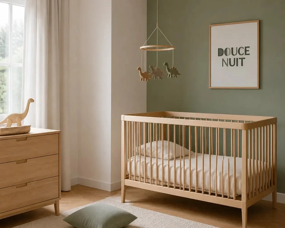 Déco chambre dinosaure douce pour bébé avec bois clair, vert sauge et ambiance rassurante