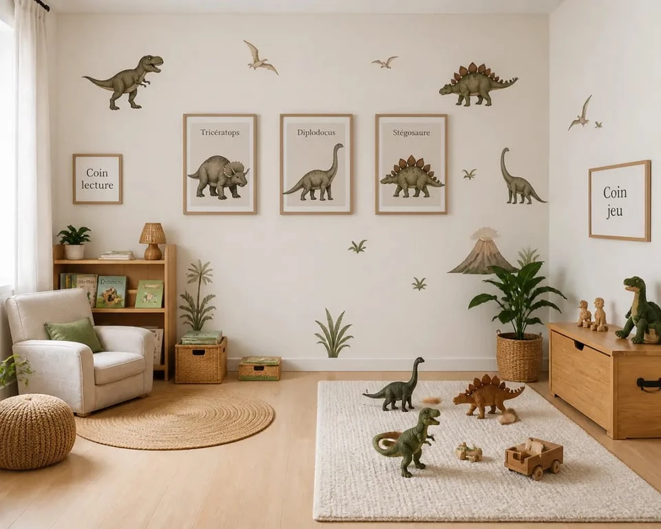Déco chambre dinosaure pour enfant avec mur focal, coin lecture et palette naturelle