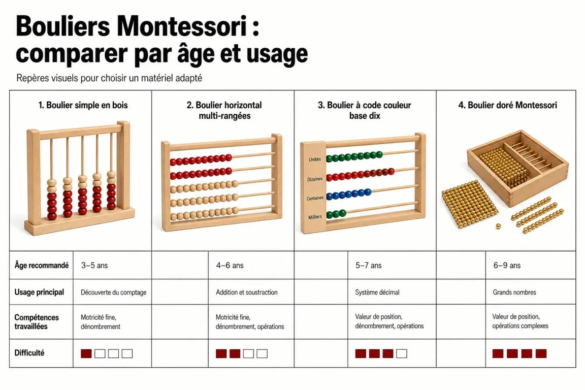 Bouliers Montessori : tableau comparatif des modèles selon l’âge, l’usage et le niveau