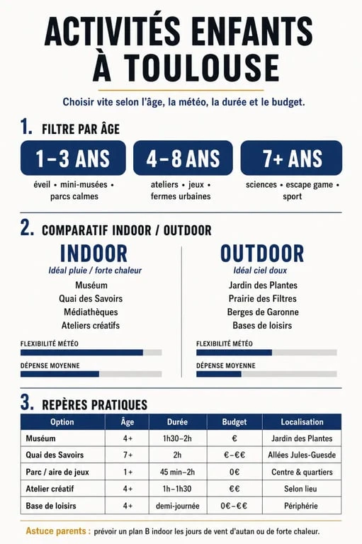 Infographie des activités enfants Toulouse avec âge, budget, durée et choix indoor ou outdoor